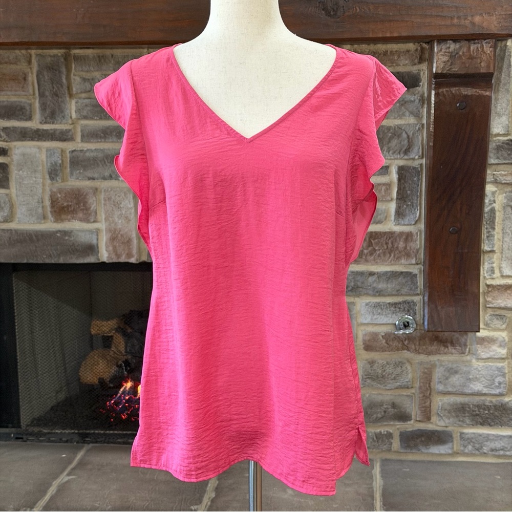 CAbi Rose Top Pink Ruffle Sleeve V-Neck Blouse #4170 Size S